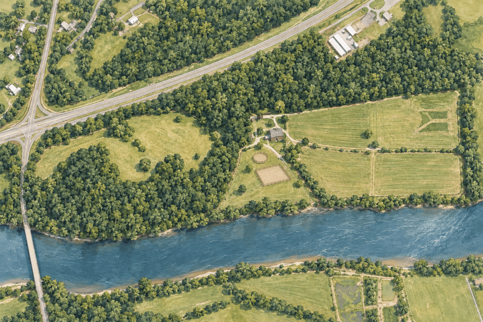 Illustrated aerial view of River Creek Stables, its fields, woods, barns and river