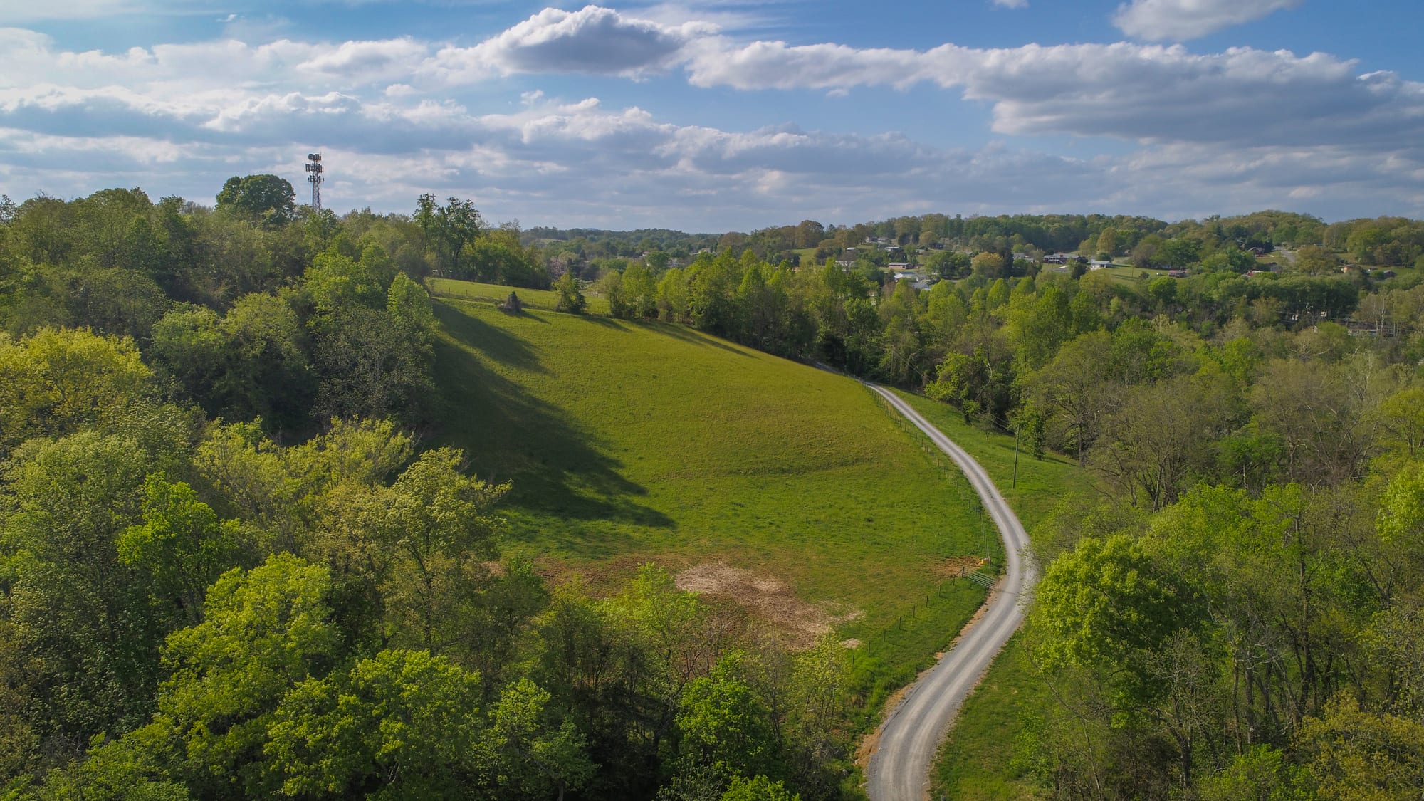 The gravel lane into River Creek Stables in Church Hill, winding through pasture and woods
