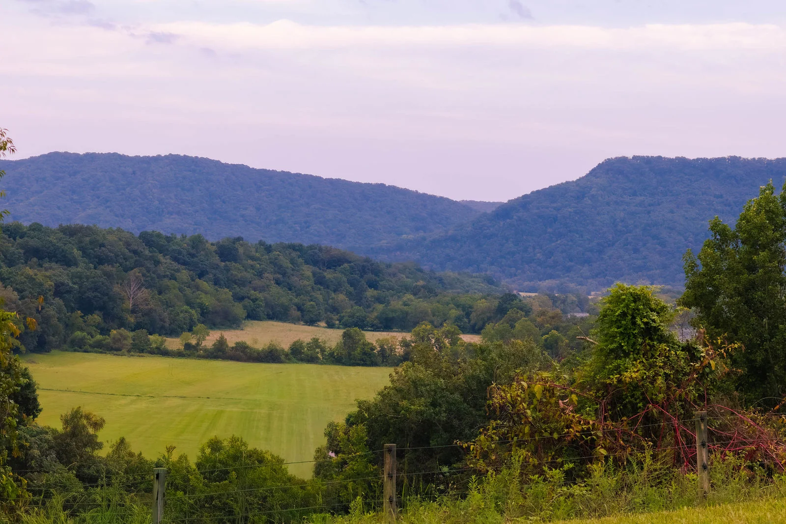 A meadow below mountain ridges at River Creek Stables in Church Hill, Tennessee